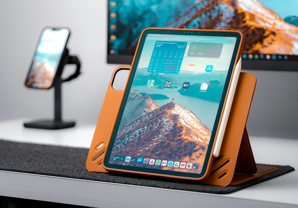 desk with iPad on a stand