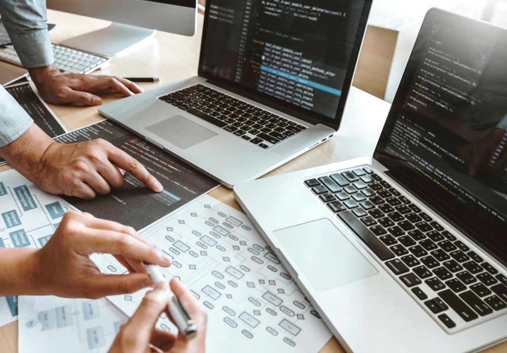 professional people using laptops in the office