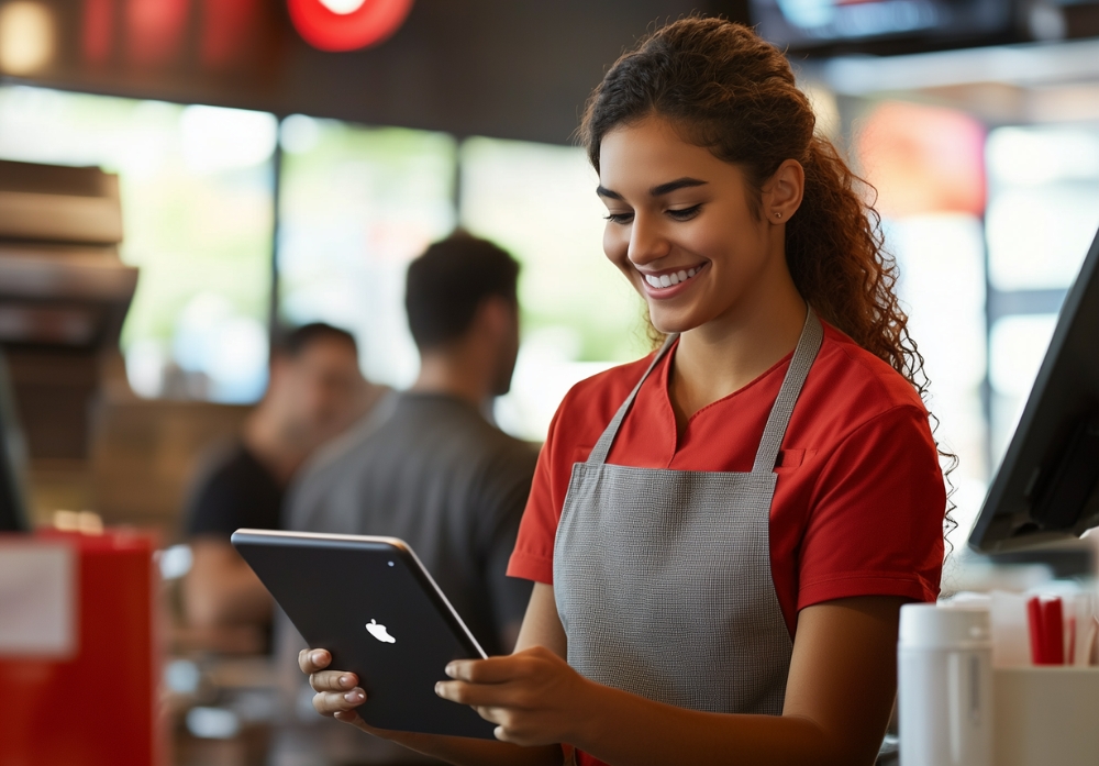 Happy restaurant chain employee using iPad