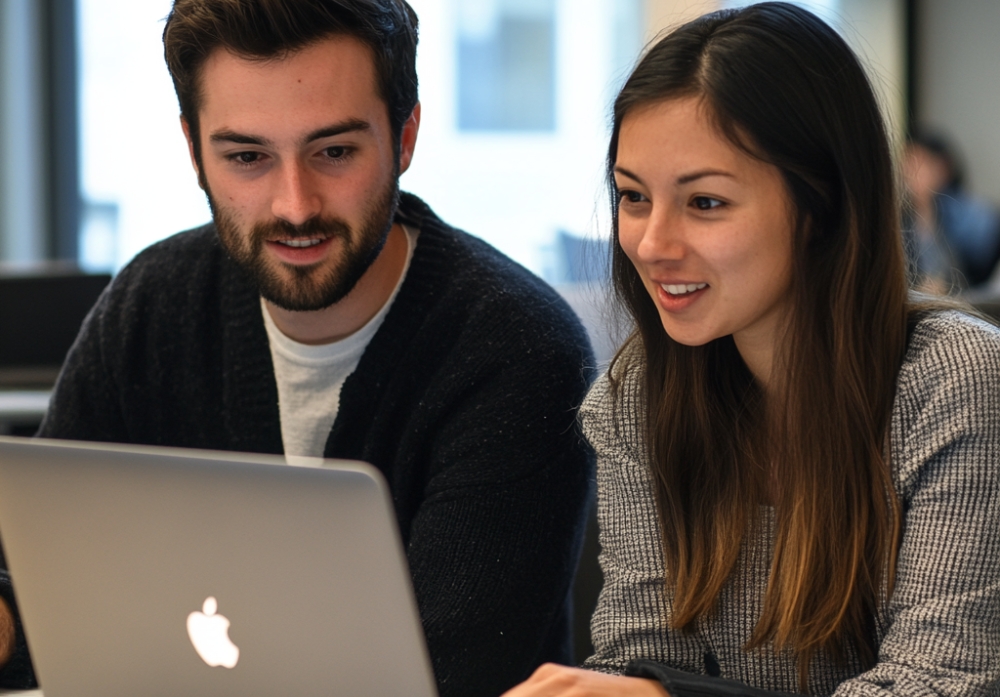 coworkers collaborating using MacBook