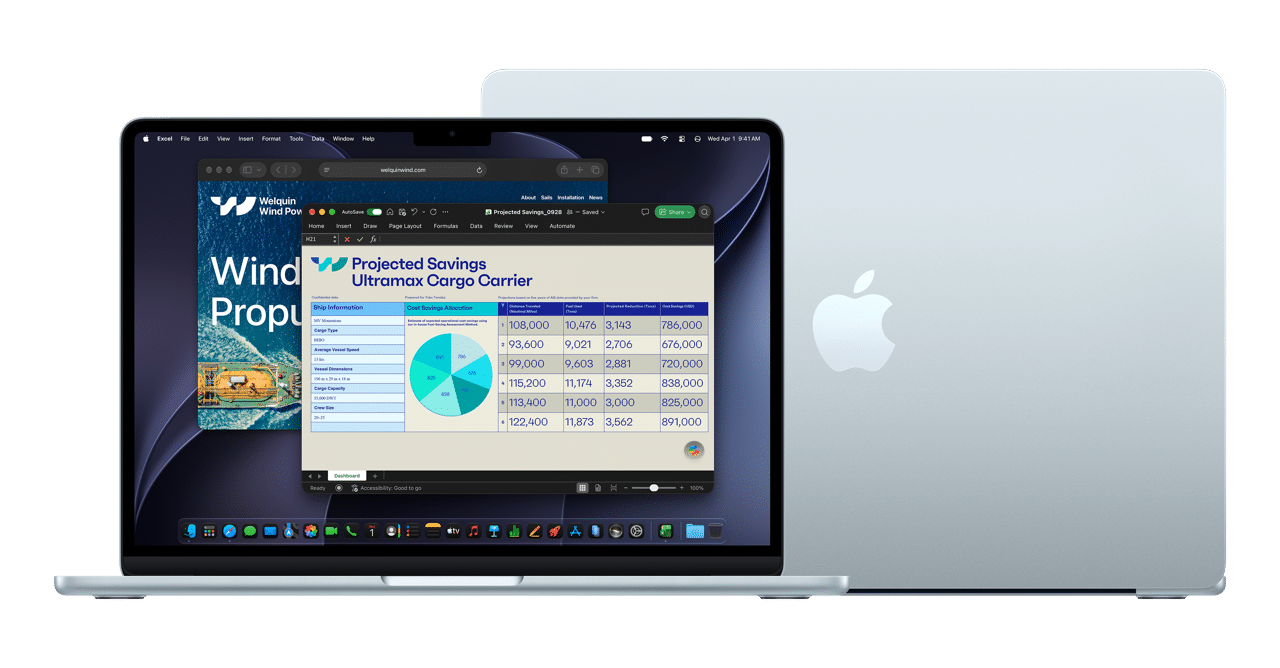 MacBook Air 13-inch and 15-inch in Sky Blue, with a business spreadsheet open on screen